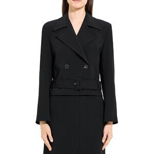 Theory Womens Cropped Double-Breasted Belted Crepe Jacket Large Black - NWT $495